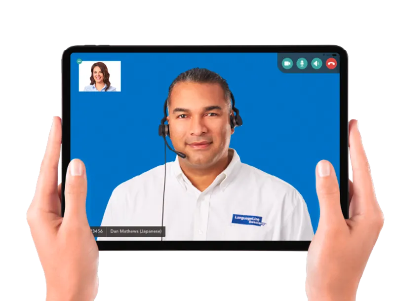 A video interpreter on a call, shown on a tablet
